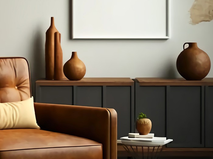 leather chair and grey cabinets