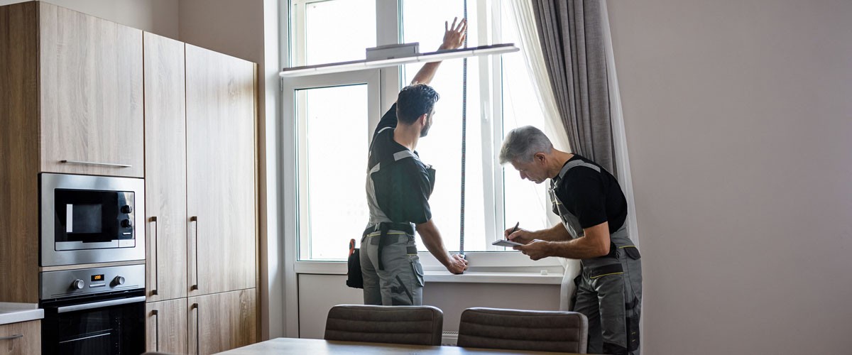 Young professional worker in uniform using tape measure, measuring window for installing blinds, while his aged colleague making notes. Construction and maintenance concept. Horizontal shot